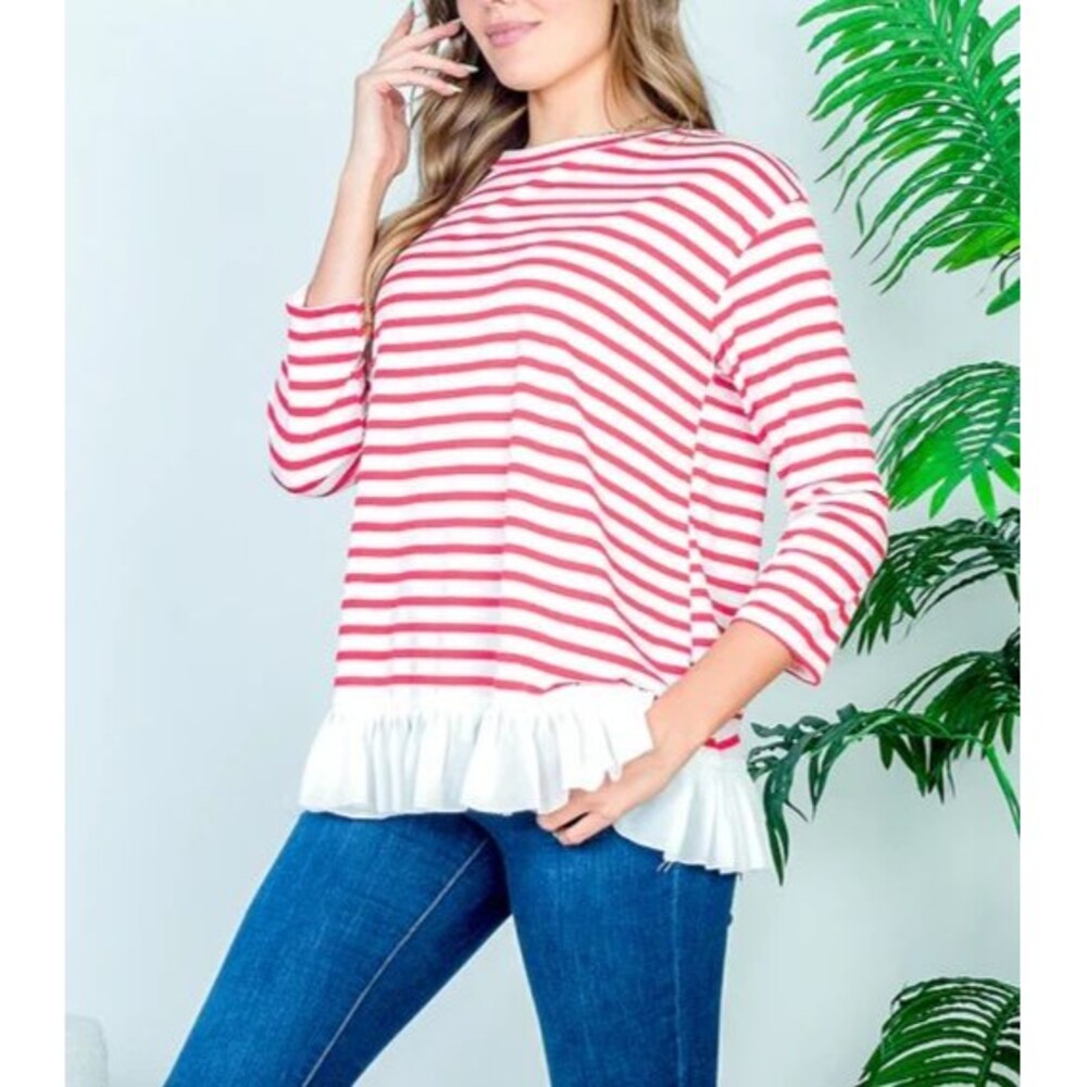 Women’s Boat Neck 3/4 Sleeve Red & White Striped Top Ruffle Hem Size M - Picture 7 of 10